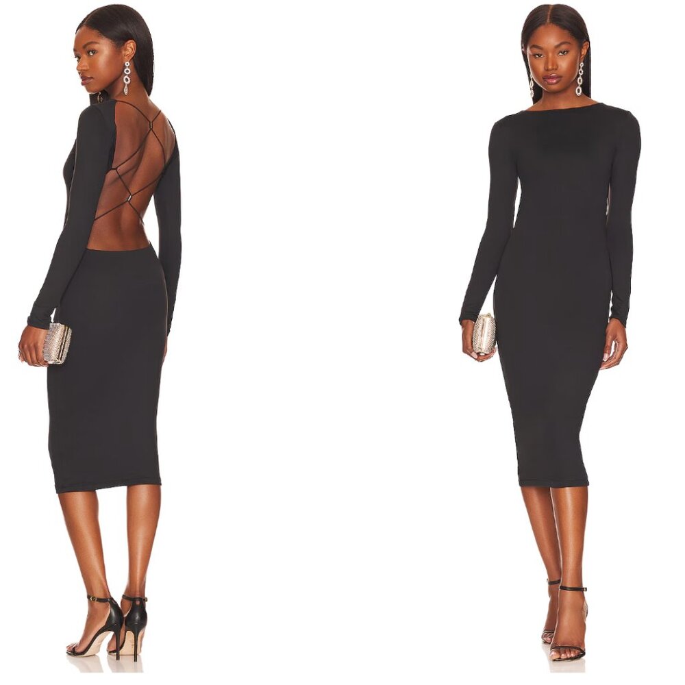 Alix NYC Eden Backless Long Sleeve Body Con Black Midi Dress - Size XS